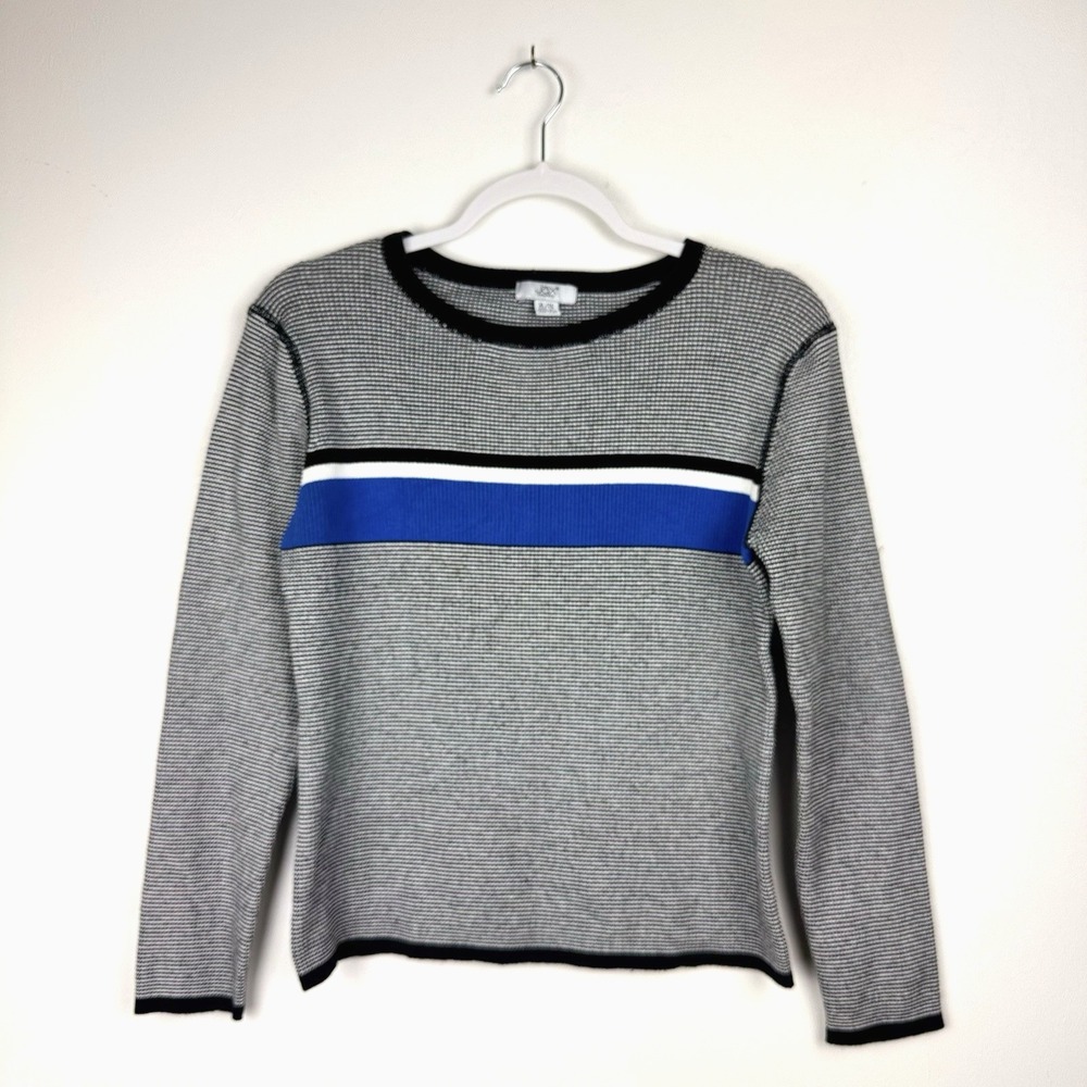 Jax County Top Women's XL Grey Blue Sweater Tweed Crew‎ Neck Long Sleeve Strips